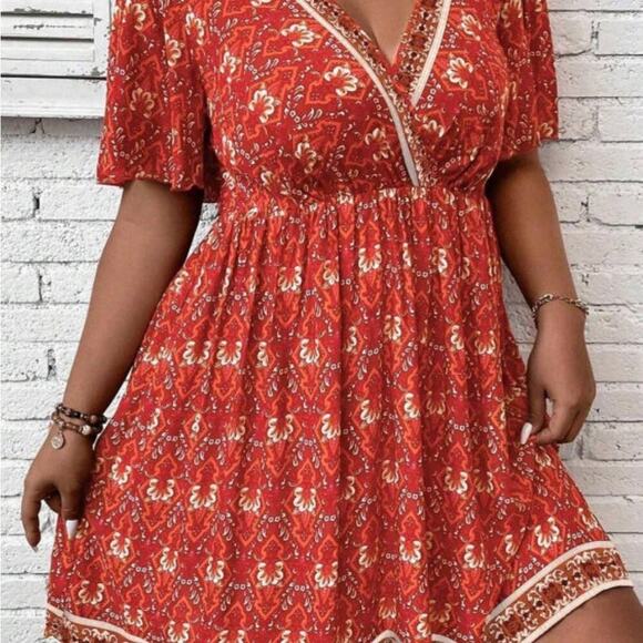 *NEW* Orange Red Floral Boho Women's Dress | Size 2X - Picture 3 of 8